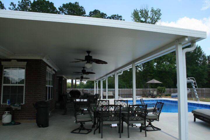 Patio cover over a pool deck with dining furniture